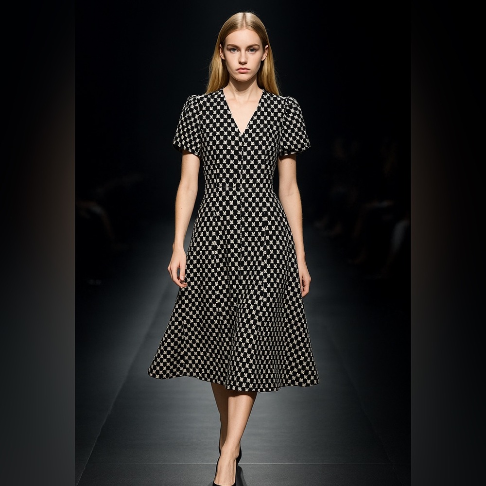 UNIQUE DESIGN Original New Silk Dress Elegant Black and White Checkered